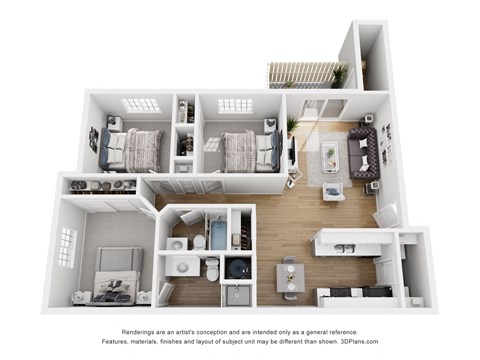 Floor plan for 3 beds, 2 baths, 1002 sqft